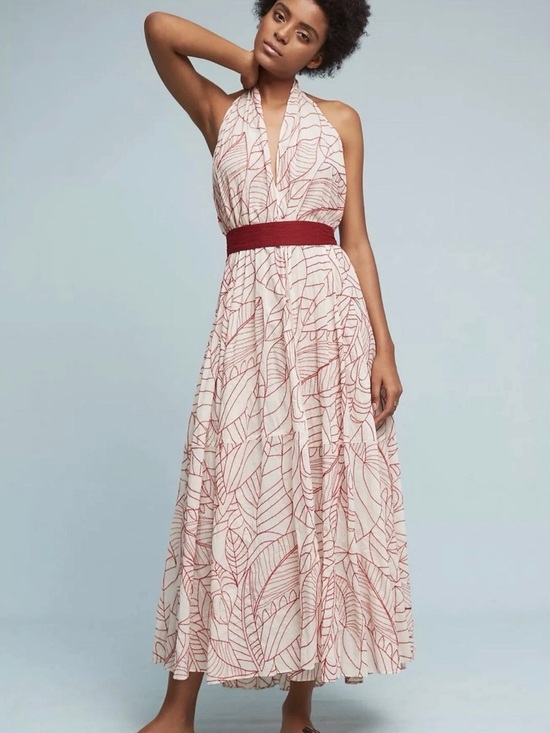 Anthropologie Dresses & Skirts - Anthropologie Cream Maxi Dress with Red Leaf Print